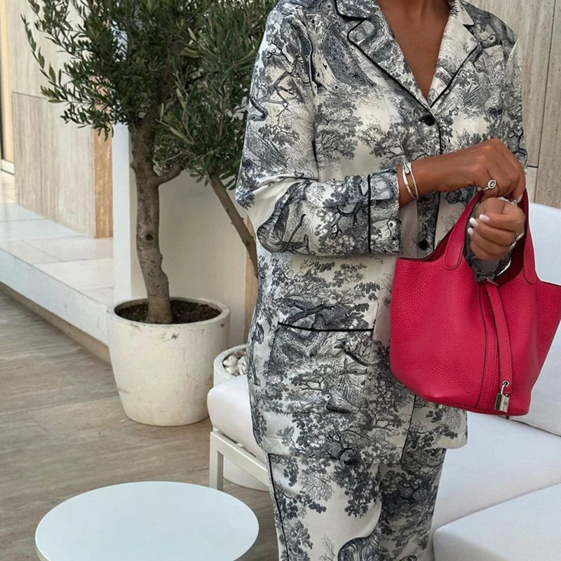 Bedrukte Satijnen Pyjama Set - Luxe en Comfort voor Dames