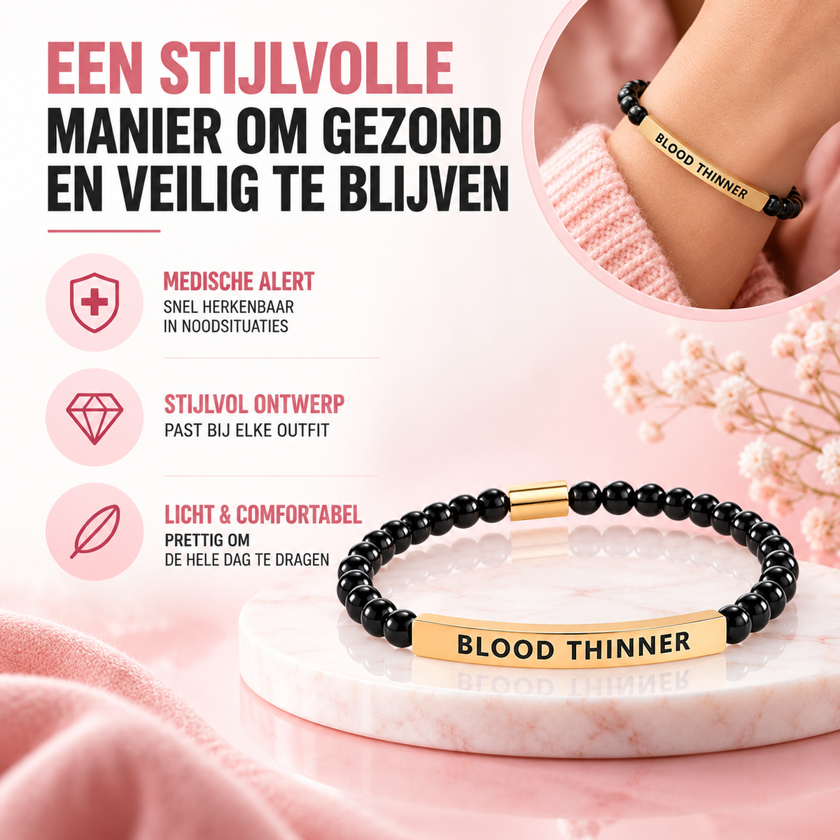 Fittershape Slim Black Blood Thinner Armband – voor dames