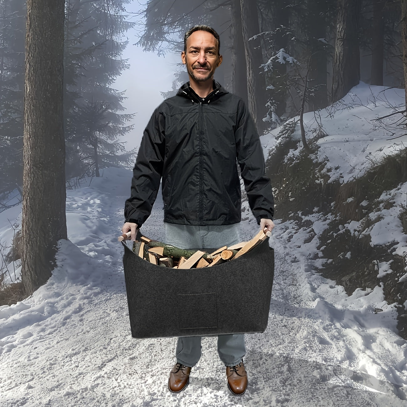 Haardhoutmand – Handgrepen van leer – Stevig vilt – Voor houtopslag