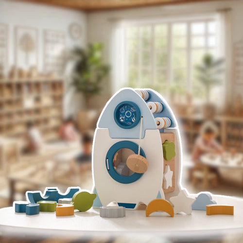 Houten Raketspeelset – Voor Kinderen – Met Kleurrijke Vormen en Stapelplezier